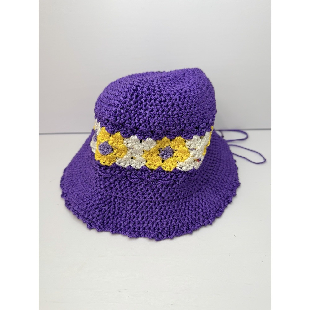 Vtg Handmade Crochet Bucket Hat Purple Yellow Daisy Granny Square Summer Sun Hat